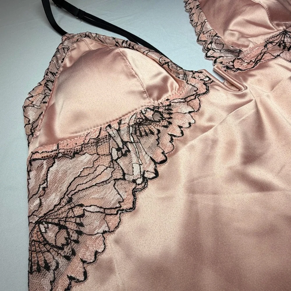 Auden Blush Pink With Black Lace Trim Silky Babydoll‎ Lingerie Set In Medium